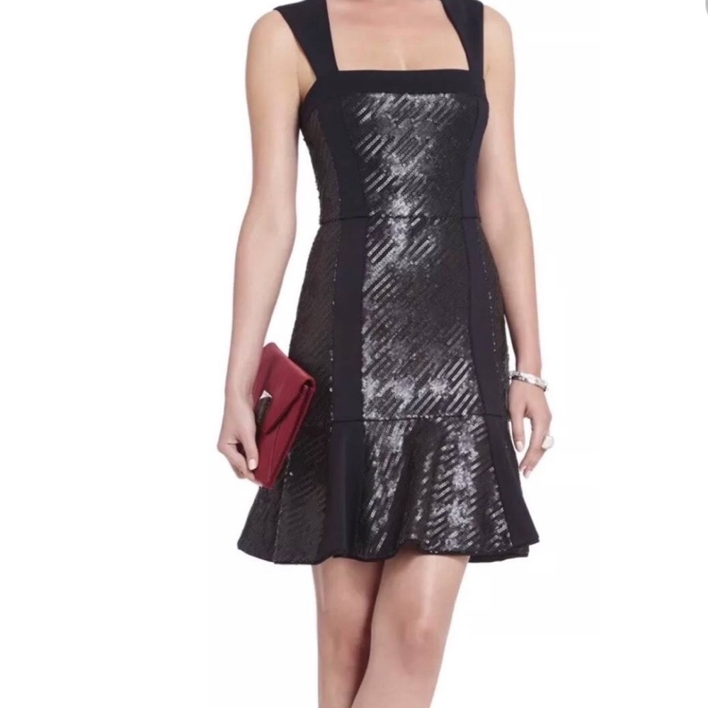 BCBG Noelle Black Sequin open back holiday New Year NYE dress